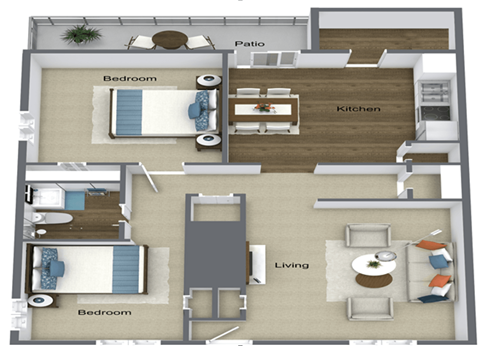 Floor plan for 2 beds, 1 bath, 850 sqft